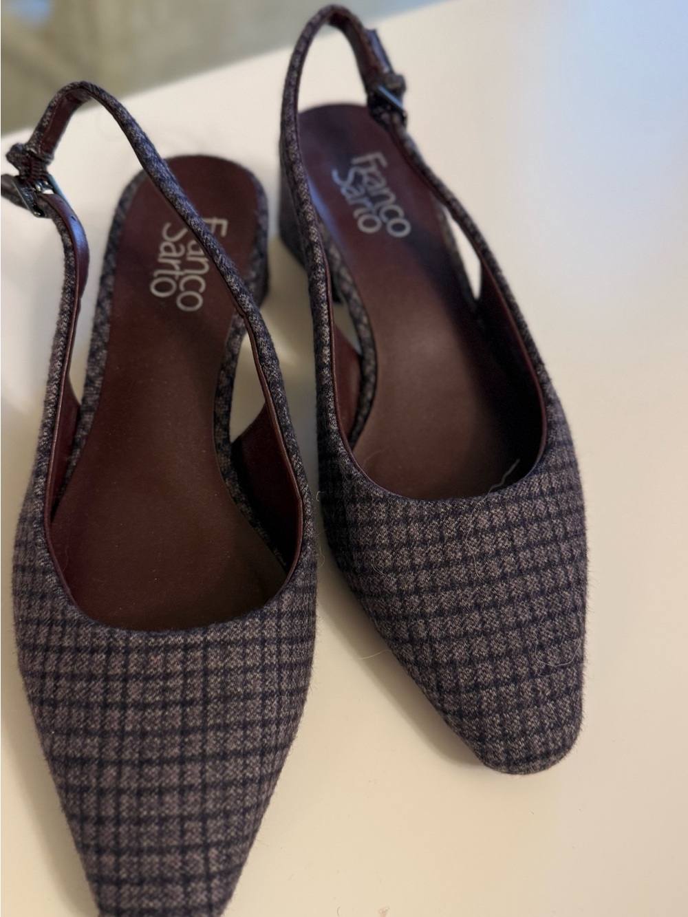 Franco Sarto Pointed Slingback Mules in Charcoal Plaid